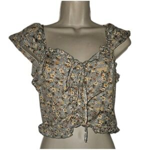 BOG Collective Floral Crop Top Lace Up Flutter Sleeveless Festival Coquette Sz M